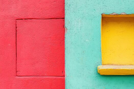 Vibrant wall with red and teal colors and a yellow niche on display photo