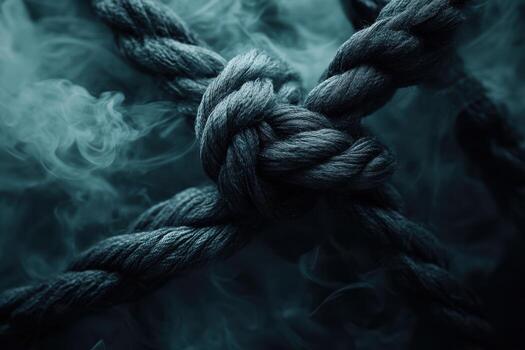 Rope knot entangled in foggy atmosphere creates a mysterious effect photo