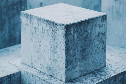 Abstract concrete cube surrounded by textured surfaces in cool tones photo