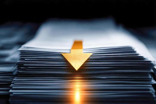 Close-up of a thick stack of documents marked by a glowing golden arrow pointing downward symbolizing focus and prioritization in paperwork or workflow management photo