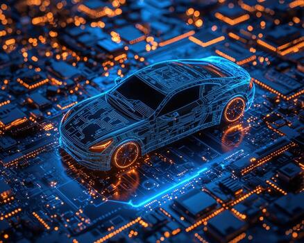 Futuristic glowing digital car model integrated with a circuit board, symbolizing AI mobility, autonomous vehicles, smart transportation, and the fusion of cars with technology photo