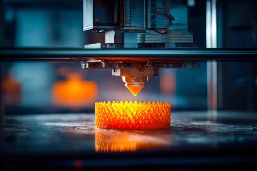 3D printer creating an intricate orange object, symbolizing additive manufacturing, innovation, modern technology, prototyping, and advanced industrial production photo