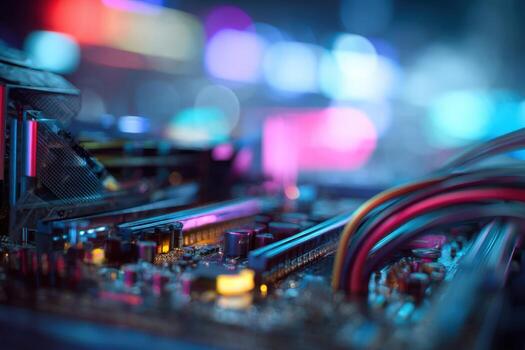 Close-up of a computer motherboard with colorful cables and glowing lights, symbolizing digital technology, electronics, connectivity, and advanced computer engineering photo