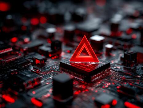 Red warning triangle glowing above a microchip on a circuit board, symbolizing cybersecurity threats, digital risk, hacking, malware, and system vulnerability photo