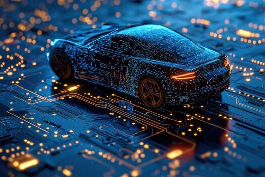 Futuristic car integrated with digital circuits, symbolizing autonomous vehicles, AI-driven mobility, smart transportation, and the fusion of automotive and technology innovation photo