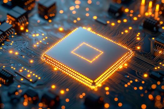 de cerca de un brillante microprocesador en un circuito junta, simbolizando informática fuerza, digital tecnología, electrónica, ai innovación, y moderno datos Procesando foto