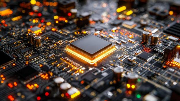 de cerca de un brillante pastilla en un circuito junta, simbolizando moderno tecnología, informática fuerza, electrónica, artificial inteligencia, y digital innovación foto