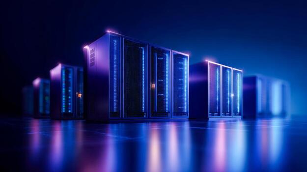 Modern data servers in a glowing blue-lit room, symbolizing cloud computing, big data, cybersecurity, digital storage, IT infrastructure, and futuristic technology photo