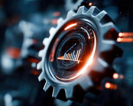Futuristic gear with digital data visualization inside, symbolizing technology, innovation, automation, artificial intelligence, industry 4.0, and advanced engineering concepts photo