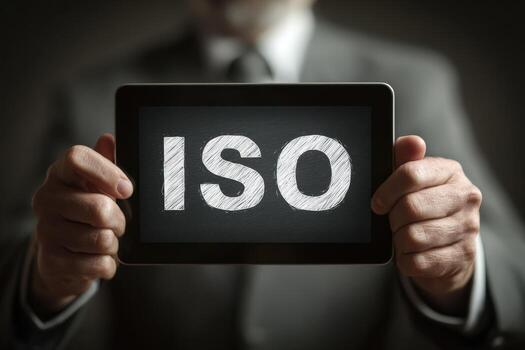 Businessman holding a digital tablet displaying the word ISO, symbolizing international standards, quality management, certification, and compliance in business photo