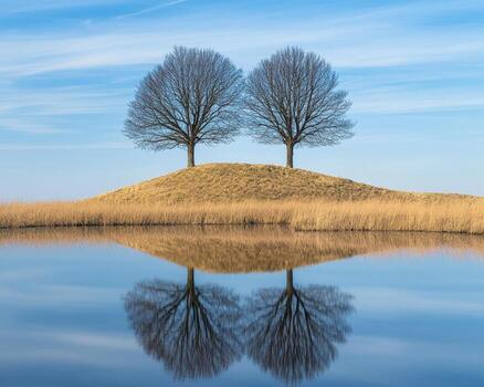 Two leafless trees on a grassy hill overlooking calm water with mirror reflection under a blue sky photo