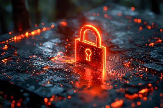 Digital padlock symbolizing cybersecurity and data protection with glowing circuit background photo