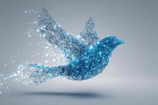Stunning digital blue bird made of interconnected glowing nodes and lines symbolizing technology, data networks, and futuristic communication concepts in flight photo
