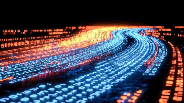 Digital data stream resembling a futuristic highway with glowing binary code photo