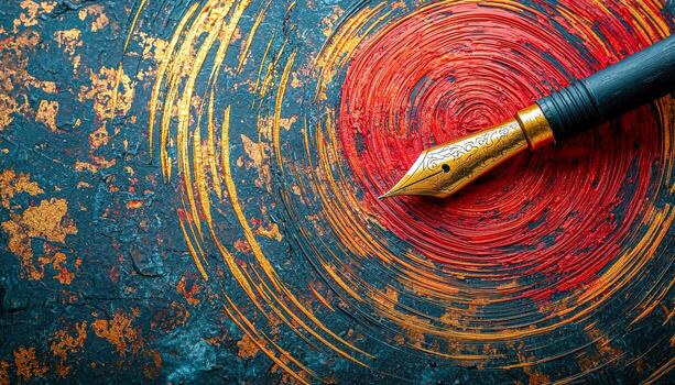 Close-up of a fountain pen resting on abstract colorful background with dynamic circle patterns photo