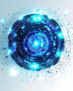 Futuristic digital technology concept with glowing circular interface and data holography photo