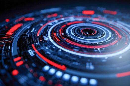Futuristic digital interface with concentric circular patterns and dynamic red and blue lighting, symbolizing advanced technology and data visualization photo