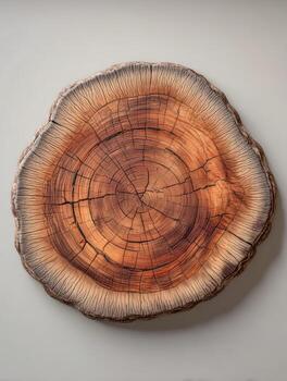 Cross-section of a weathered tree trunk with visible growth rings and crack patterns photo