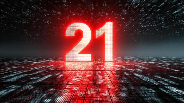 Futuristic digital countdown display of the number 21 with glowing red lights in a high-tech environment photo
