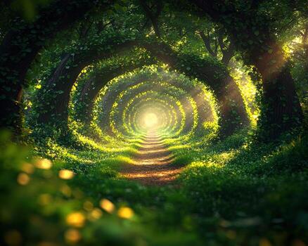 Enchanting sunlit forest pathway with arched trees and vibrant greenery photo