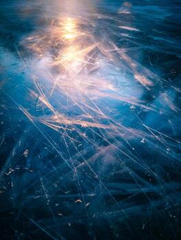 Glimmering surface of ice with intricate crack patterns illuminated by sunlight photo