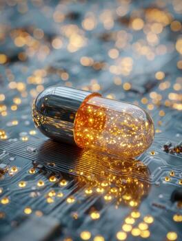 Close-up of a glowing capsule filled with golden lights resting on a high-tech circuit board with bokeh light effects creating a futuristic digital concept scene photo