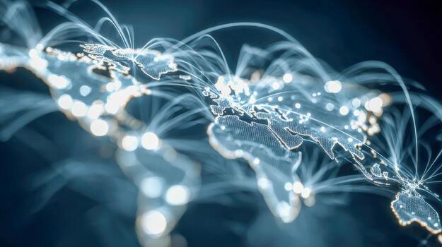 Digital interconnected world map illustrating global communication and data exchange through illuminated network connections and futuristic technology visualization photo