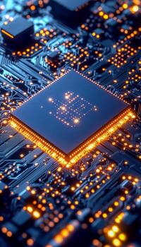 Close-up of a computer microchip on a circuit board with illuminated pathways photo