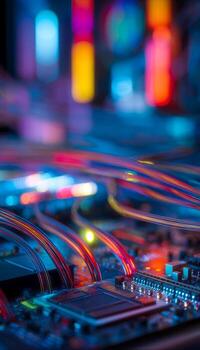 Close-up of colorful illuminated computer circuit board with cables and electronic components photo