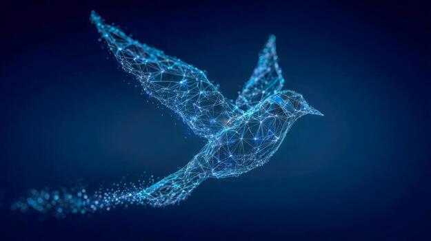 Digital bird composed of glowing blue interconnected lines and nodes flying forward against a dark background symbolizing technology and innovation concepts photo