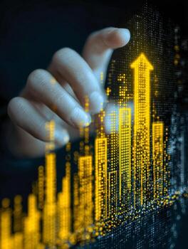 Digital data visualization of financial growth and technological progress represented by an upward trending bar chart illuminated in golden hues, symbolizing success and innovation photo