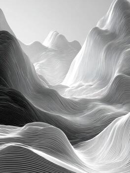 Abstract 3d landscape composed of smooth white waves with flowing contour lines creating an artistic mountainous terrain under soft ambient light photo
