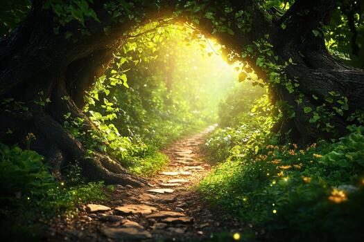 Serene forest path lit by sunlight through arched tree canopy photo