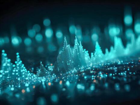 Abstract visualization of digital data waves and points glowing in blue tones representing futuristic technology and information flow in a dark environment photo