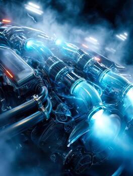 Advanced high-performance engine with illuminated components and dynamic motion effects photo