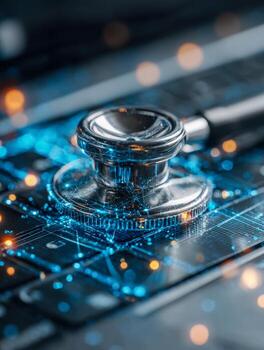 Close-up of a metallic stethoscope on a computer keyboard symbolizing digital technology diagnostics and cybersecurity in modern electronic systems and it healthcare photo