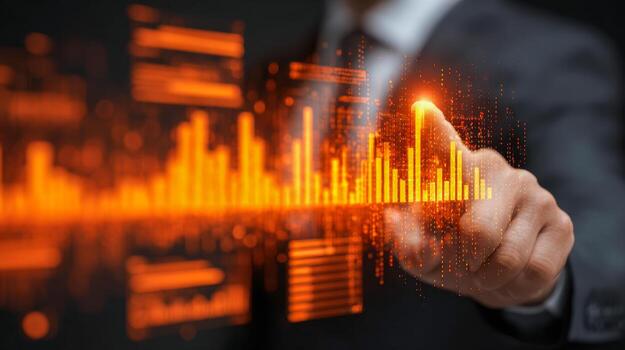 Businessman interacting with futuristic digital orange bar graphs and data charts displaying financial analytics and market trends in technology concept photo