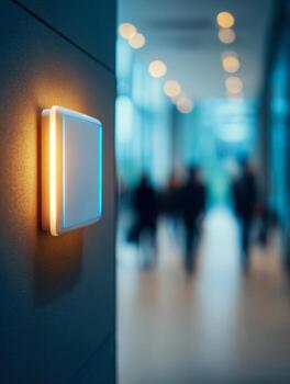 Modern illuminated directional button in a contemporary public space with blurred figures and soft lighting creating a sleek, futuristic atmosphere photo