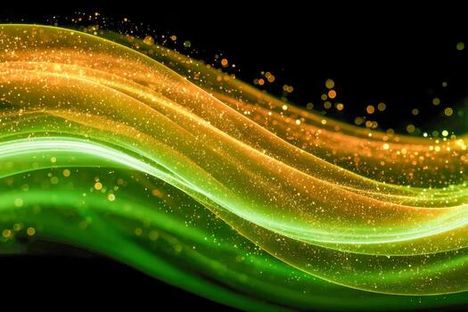 Dynamic abstract background featuring vibrant flowing green and gold light trails with sparkling particles against a sleek black backdrop, ideal for digital design or technology th photo