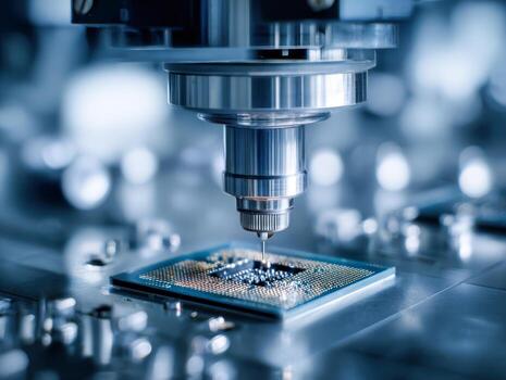 Close-up of a high-precision manufacturing process involving a microscopic chip under an advanced industrial machine in a modern electronics lab setting photo
