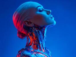 futurista cibernético retrato de un mujer con neón Encendiendo foto