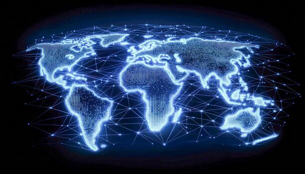 Digital world map with connected nodes representing global network and technology photo