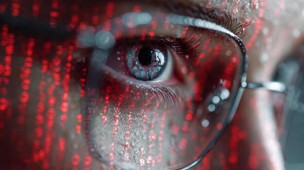 Close-up of a persons eye behind glasses reflecting red digital code representing cybersecurity or data analysis with a futuristic technology focus and deep detail photo