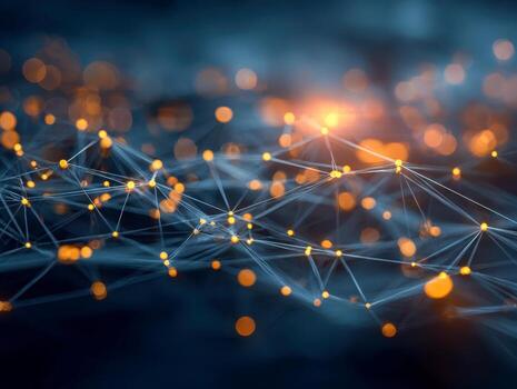 Abstract digital network with interconnected glowing nodes and lines, representing data connections and technology themes photo