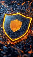 Digital shield icon on futuristic circuit board highlighting cybersecurity protection photo
