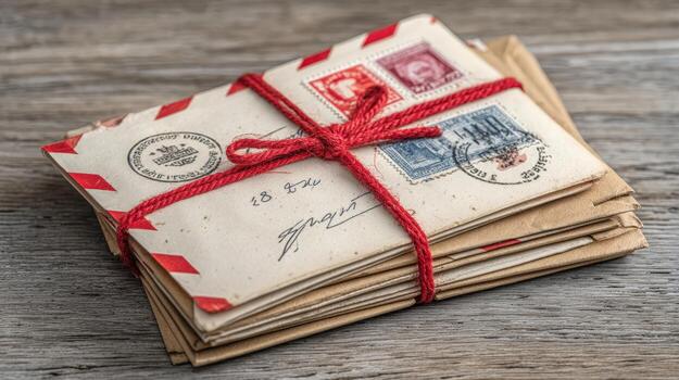 Stack of vintage postcards tied with red string on wooden surface photo