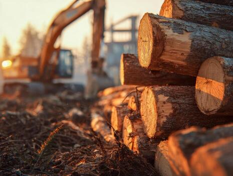 Close-up view of freshly cut tree logs stacked neatly at a logging site with construction machinery and soft sunlight in the background during sunset photo
