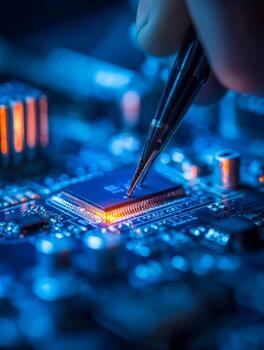 Close-up of a microchip being soldered on a circuit board with a precision pen in a high-tech environment photo