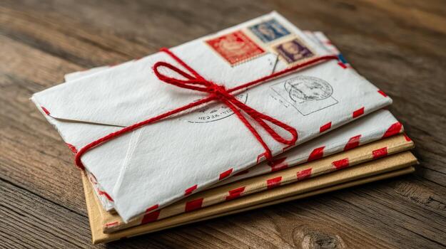 Stack of vintage letters and envelopes tied with red string on rustic wooden surface photo