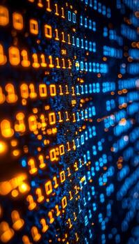 Digital binary code on a futuristic data display with vibrant orange and blue lights photo
